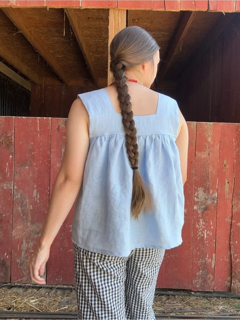Light Blue Square-Neck Linen Tank Top
